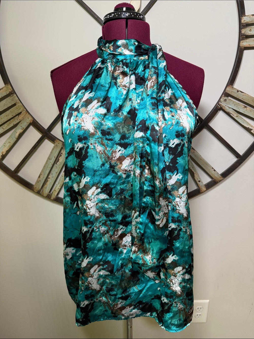 Ashley Stewart Silky Teal Floral Halter Neck Women's Top